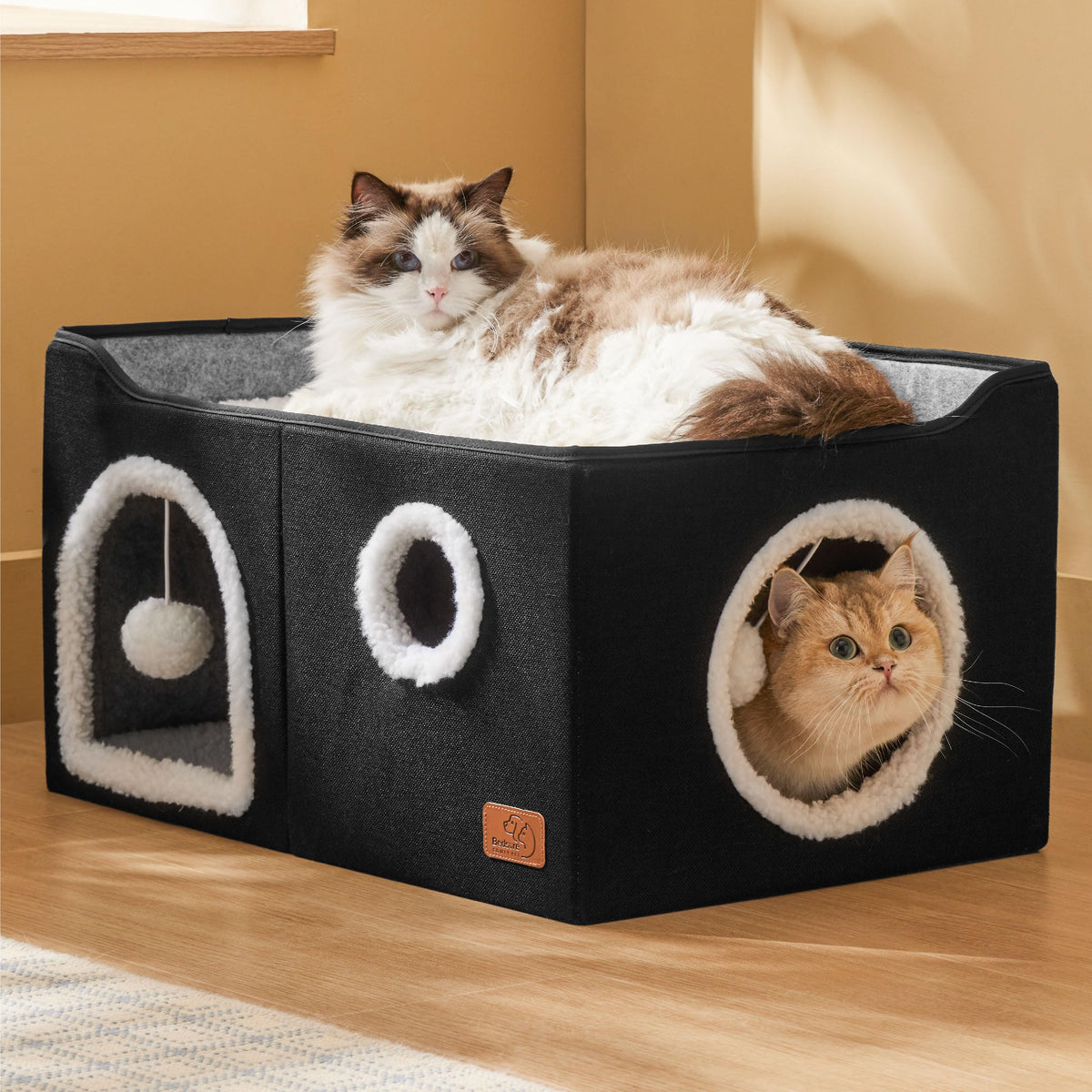 Large Cat Beds for Indoor Cats - Extra Wide Cat Cube House for Small Pet with Fluffy Ball Hanging and Scratch Pad, Foldable Pet Cave Hideaway for Multiple Cats, 23.6x16.9x13 inches, Black