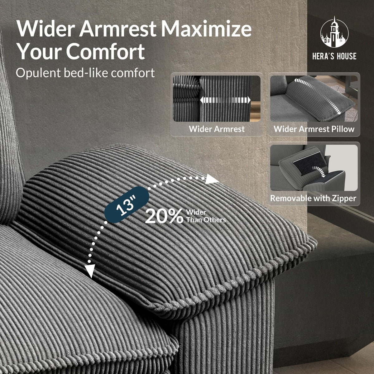 124" Modular Sectional Sofa, Oversized L Shaped Couches for Living Room, Comfy Cloud Couch with Ottoman, 4-Seater Deep Seat Sofa with Throw Pillow, Corduroy Grey