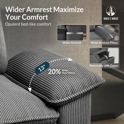 124" Modular Sectional Sofa, Oversized L Shaped Couches for Living Room, Comfy Cloud Couch with Ottoman, 4-Seater Deep Seat Sofa with Throw Pillow, Corduroy Grey