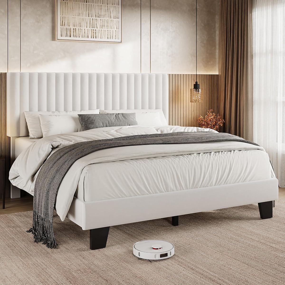 Queen Size Bed Frame with Headboard, Upholstered Velvet Platform Bedframe with Solid Wooden Slats, Noise-Free, No Box Spring Needed, Easy Assembly, White