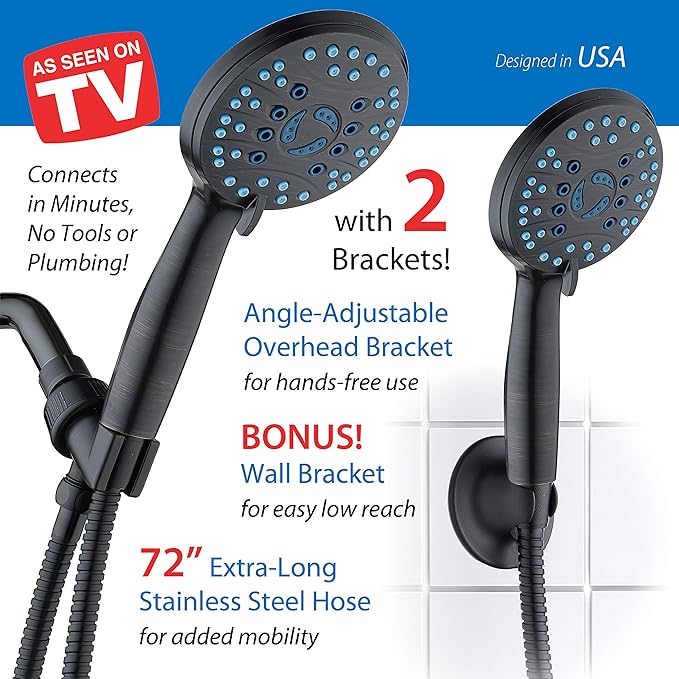 Hotel Spa AquaCare High Pressure 8-mode Handheld Shower Head, Anti-clog Nozzles - Built-in Power Wash to Clean Tub, Tile & Pets, Extra Long 6 ft. Stainless Steel Hose, Wall & Overhead Brackets