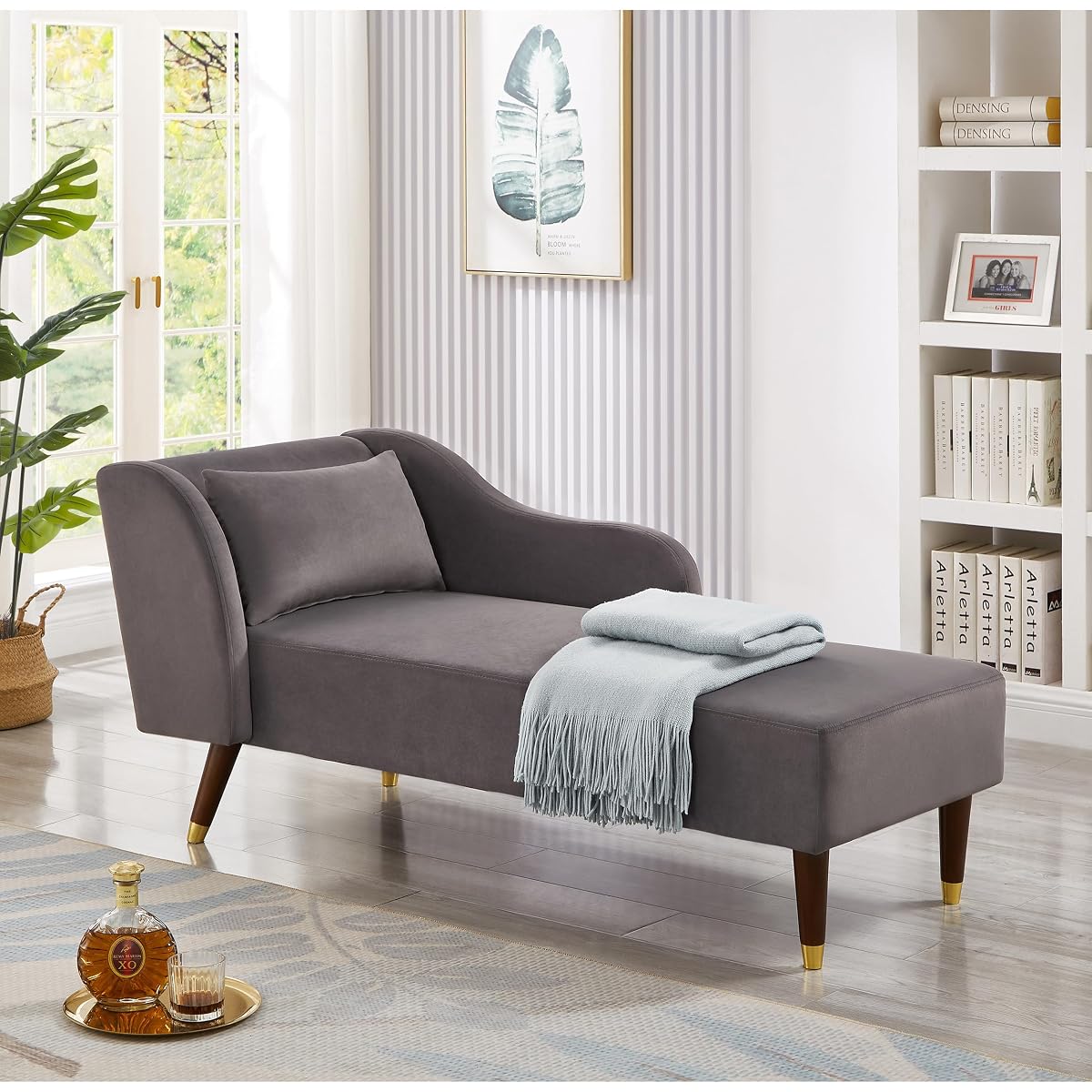 GDFStudio Upholstered Chaise Lounge Chair Indoor, Modern Velvet Recliner Lounge Chair with Removable Pillows, Gold Wood Legs, Backrest & Armrest, Reading Chaise Chair for Living Room Bedroom, Grey