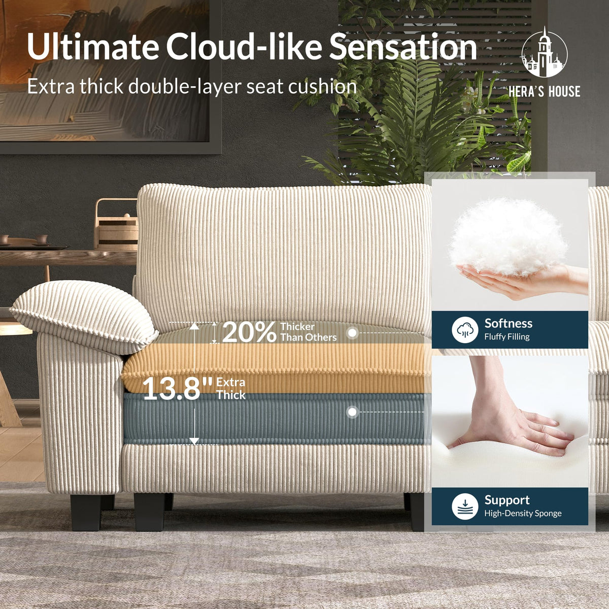 2 Pieces Modular Sectional Sofa Sets, Oversized Couch Set with Loveseat and Armchair, Comfy Cloud Couches with Throw Pillows, 3-Seater Deep Seat Sofa for Living Room, Corduroy Beige