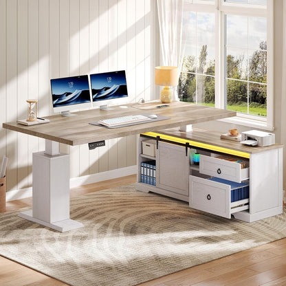 L Shaped Standing Desk with Power Outlets & LED Lights