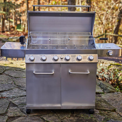 6+1 Burner Stainless Steel Cabinet Style Propane Gas Grill with Knob Controls, Side Burner, Built-In Thermometer, and Rotisserie Kit