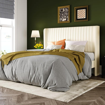Full Size Velvet Bed Frame/Vertical Channel Tufted Wingback Headboard/Upholstered Platform Bed/Strong Wooden Slats/No Box Spring Needed/Easy Assembly/Cream White