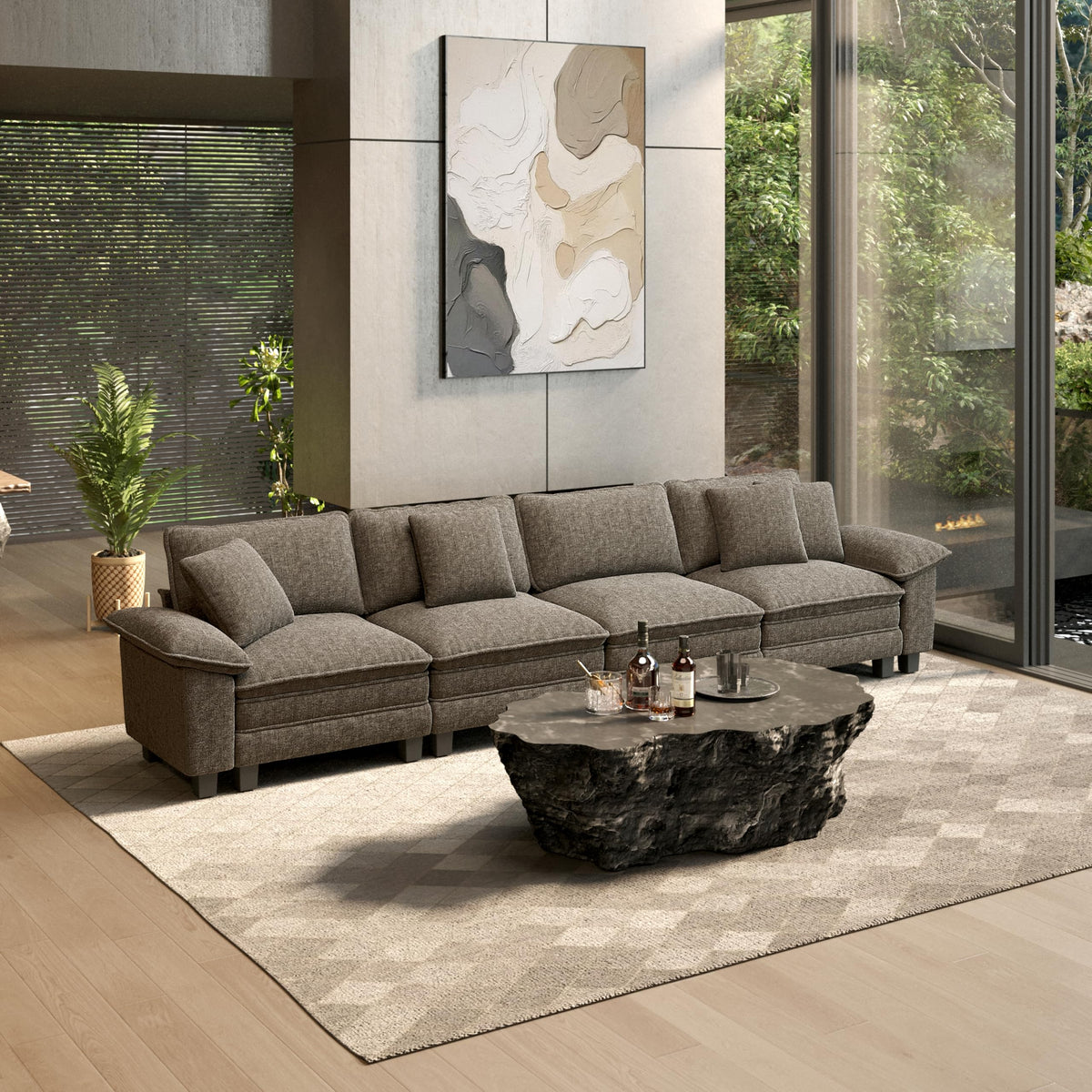158" Modular Sectional Sofa, Oversized Couches for Living Room, Comfy Cloud Couch 4-Seater Deep Seat Sofa with Throw Pillow, Chenille Ash