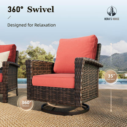 Red Patio Furniture Set, 35" High Back Swivel Chair with 5.5" Thick Cushions, Oversized Outdoor Wicker Conversation Set for Deck Garden Poolside Backyard Lawn