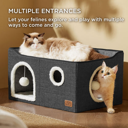 Large Cat Beds for Indoor Cats - Extra Wide Cat Cube House for Small Pet with Fluffy Ball Hanging and Scratch Pad, Foldable Pet Cave Hideaway for Multiple Cats, 23.6x16.9x13 inches, Dark Grey