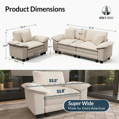 2 Pieces Modular Sectional Sofa Sets, Oversized Couch Set with Loveseat and Armchair, Comfy Cloud Couches with Throw Pillows, 3-Seater Deep Seat Sofa for Living Room, Corduroy Beige