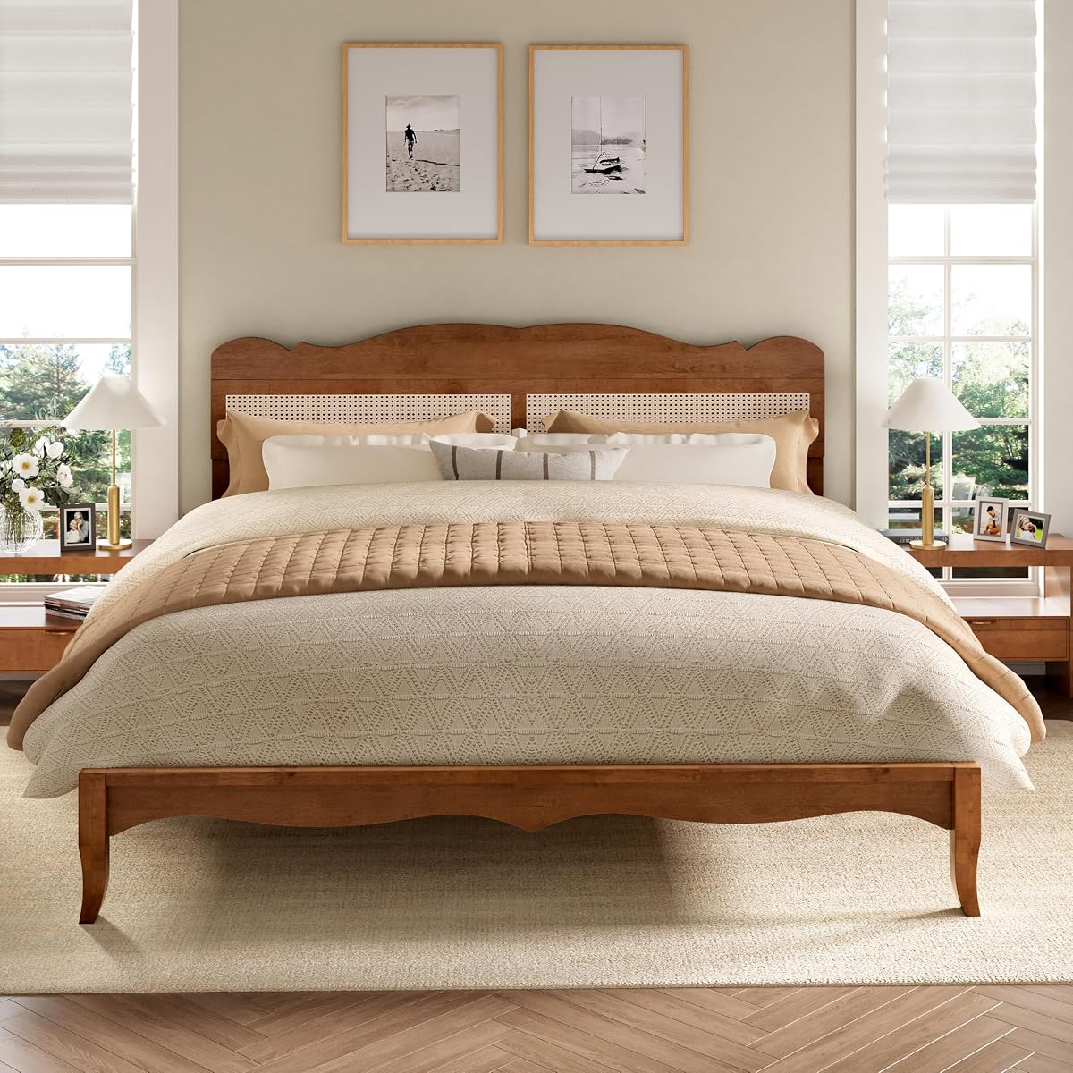 Solid Wood Queen Bed Frame with Adjustable Headboard