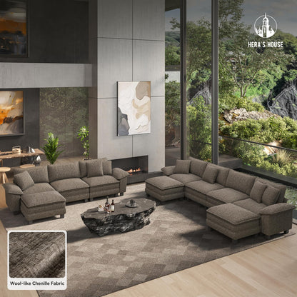 158" Modular Sectional Sofa, Oversized Couches for Living Room, Comfy Cloud Couch 4-Seater Deep Seat Sofa with Throw Pillow, Chenille Ash