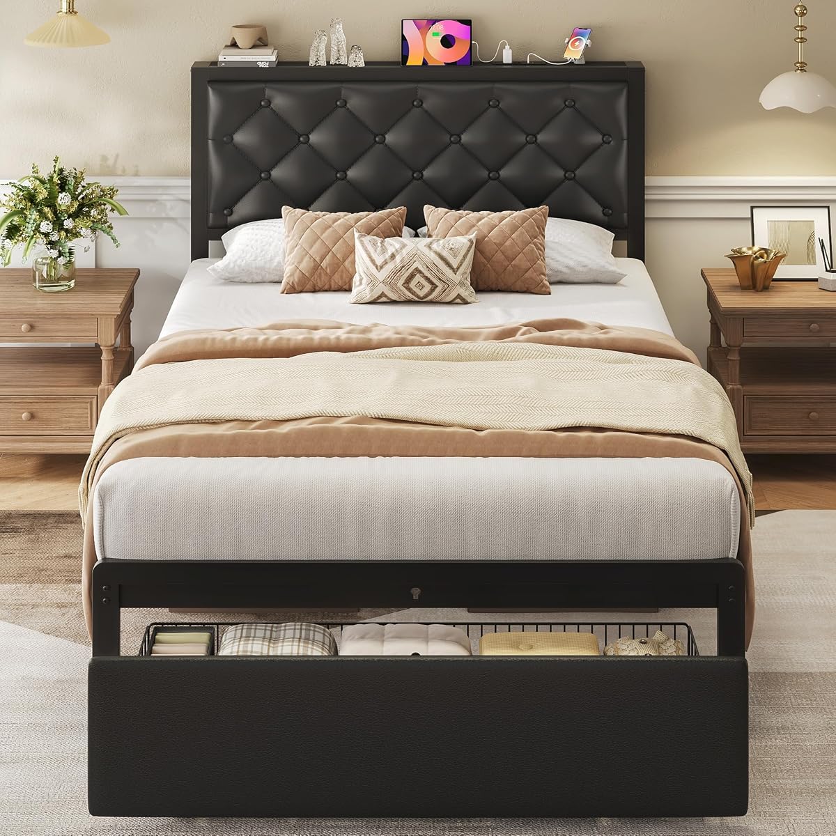 Twin Bed Frame with Storage Drawer, Upholstered Headboard Button Tufted Bed Frame with Charging Station, No Box Spring Needed, Noise-Free, All Metal Structure, Black