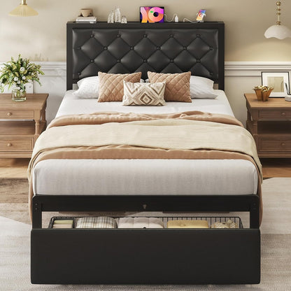 Twin Bed Frame with Storage Drawer, Upholstered Headboard Button Tufted Bed Frame with Charging Station, No Box Spring Needed, Noise-Free, All Metal Structure, Black