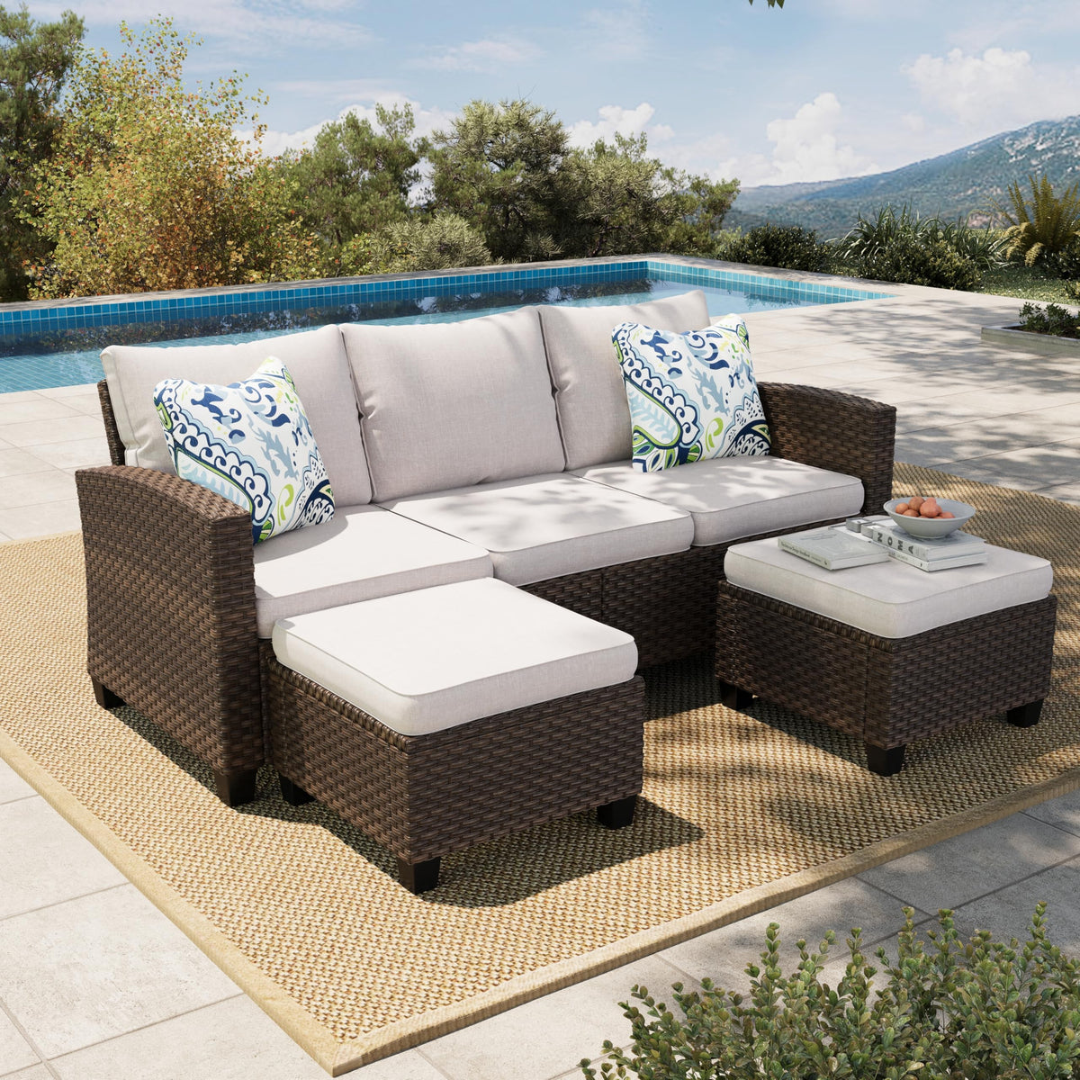 Small Patio Furniture Set, 3 Pieces Wicker Outdoor Sectional Set, L-Shaped Patio Couch Set, Modular Rattan Conversation Set with Lounge Sofa and Ottomans for Deck Lawn Garden, Beige