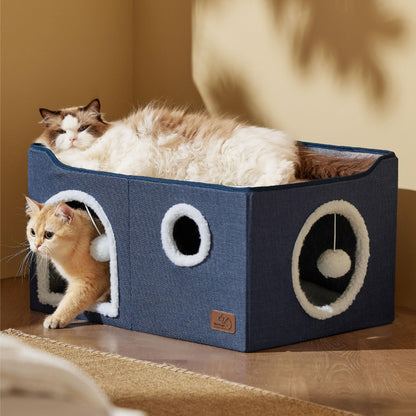 Large Cat Beds for Indoor Cats - Extra Wide Cat Cube House for Small Pet with Fluffy Ball Hanging and Scratch Pad, Foldable Pet Cave Hideaway for Multiple Cats, 23.6x16.9x13 inches, Blue