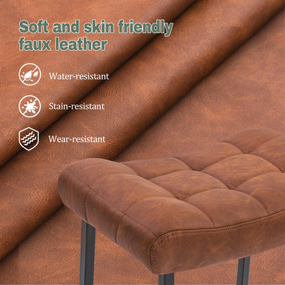 Modern Bar Stools Set of 6 for Kitchen Counter 24 inch Counter Height Backless Barstools with Upholstered Faux Leather Saddle Seat and Metal Frame Industrial Bar Chairs, Brown