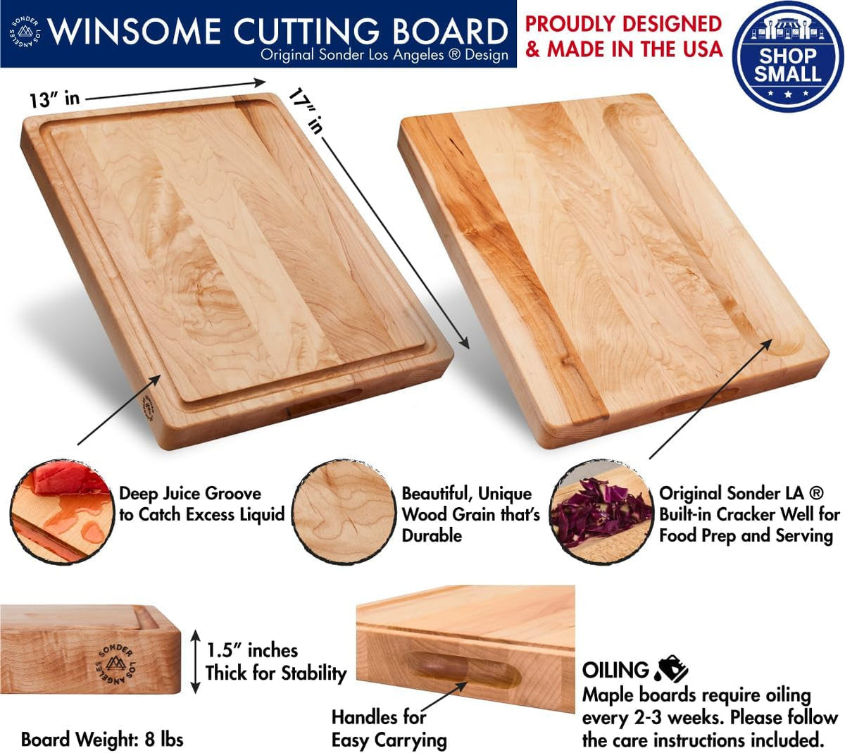 Made in USA, Large Thick Maple Wood Cutting Board for Kitchen with Juice Groove, Sorting Compartment, Charcuterie Wooden Board 17X13X1.5 in (Gift Box Included)
