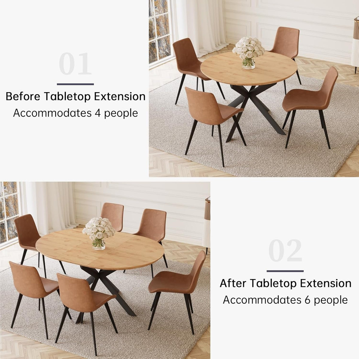 43.2"-59.1" Extendable round Dining Table for 4-6 Person, Modern Wooden MDF round Kitchen Table, Oak Coffee Table W/ 4 PU Leather Chairs
