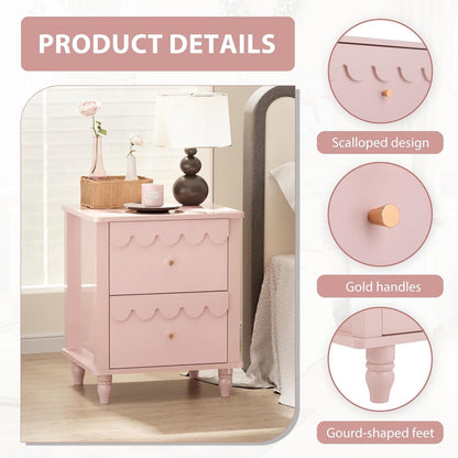 Pink Nightstand Side End Table with 2 Drawers, Modern Night Stand with Petal Pattern for Bedroom, Scalloped Bedside Night Tables with Solid Wood Legs