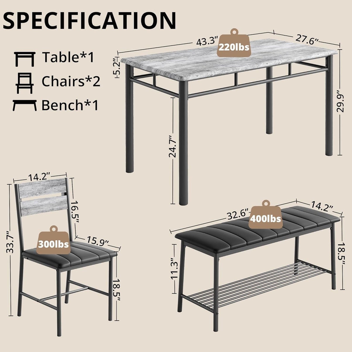 Dining Table Set for 4, Kitchen Table with Upholstered Bench and 2 Chairs, Kitchen Table and Chairs Set for Small Space, Apartment, Gray
