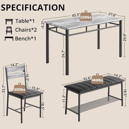 Dining Table Set for 4, Kitchen Table with Upholstered Bench and 2 Chairs, Kitchen Table and Chairs Set for Small Space, Apartment, Gray