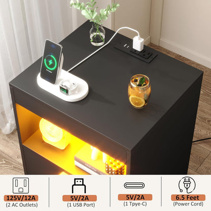 Night Stand, Bedside Table, LED Nightstand with Charging Station, Modern Night Stand, Wood Sofa Couch End Side Table with 2 Pull-Out Shelf (Black)