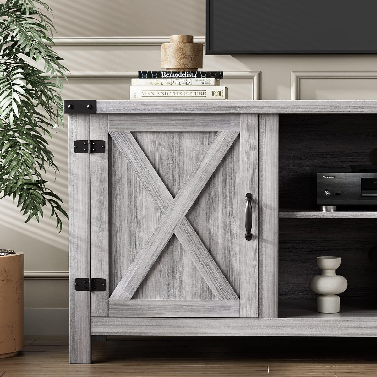 Modern Farmhouse TV Stand with Two Barn Doors and Storage Cabinets for Televisions up to 65+ Inch, Entertainment Center Console Table, Media Furniture for Living Room, 58 Inch, Gray Wash