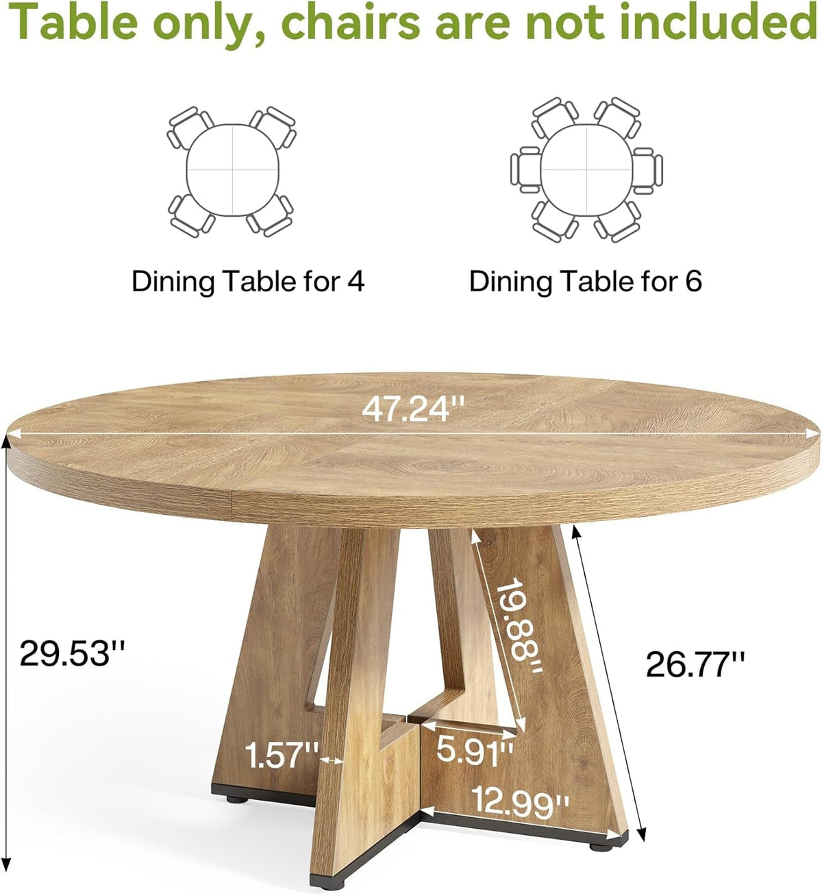 round Dining Table for 4-6 People, 47 Inches Dining Room Table with Wooden Pedestal Base, Circle Kitchen Tables for Dining Room, Kitchen, Living Room, Oak