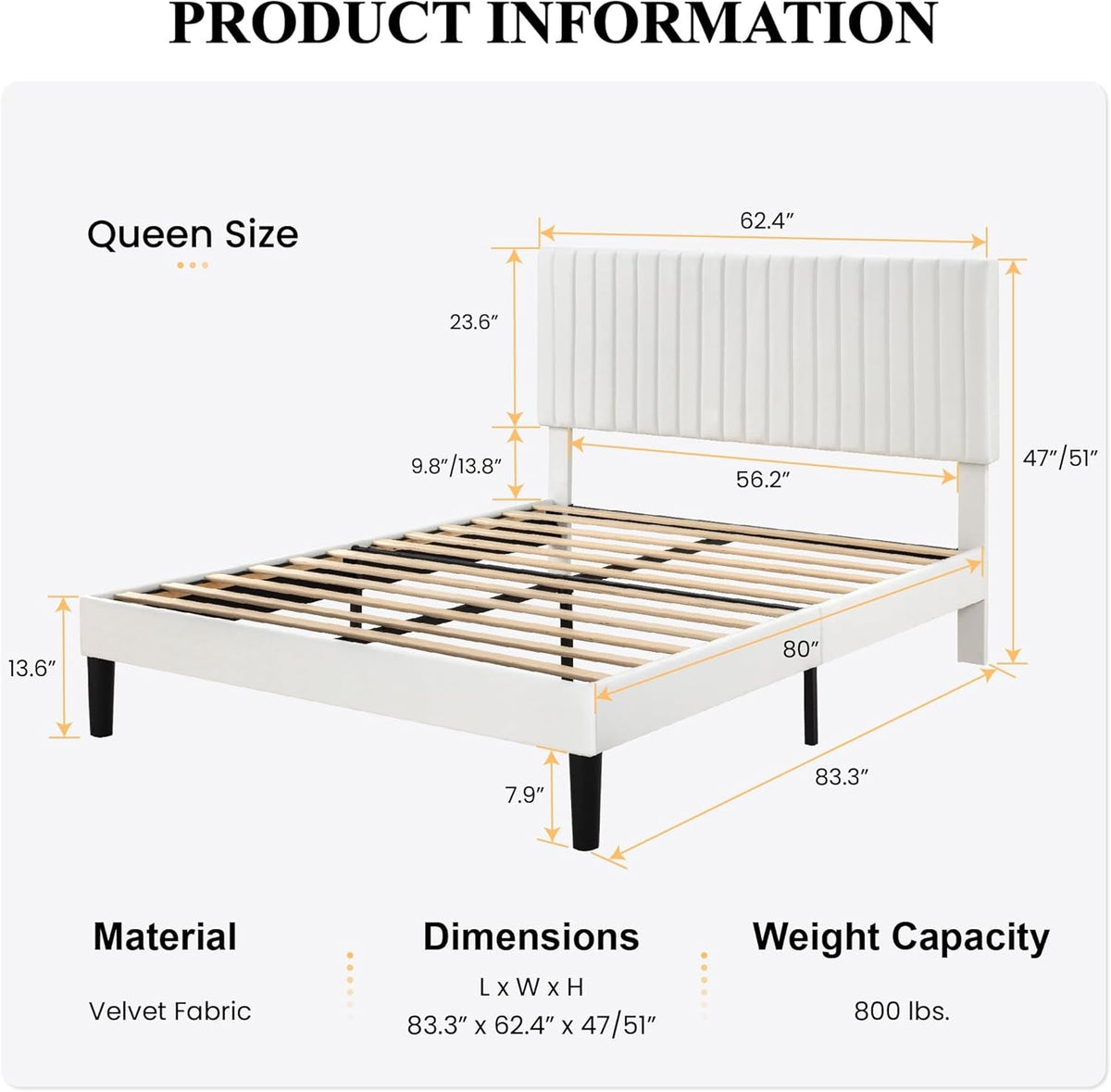 Queen Velvet Platform Bed, Channel Tufted Adjustable Headboard, White