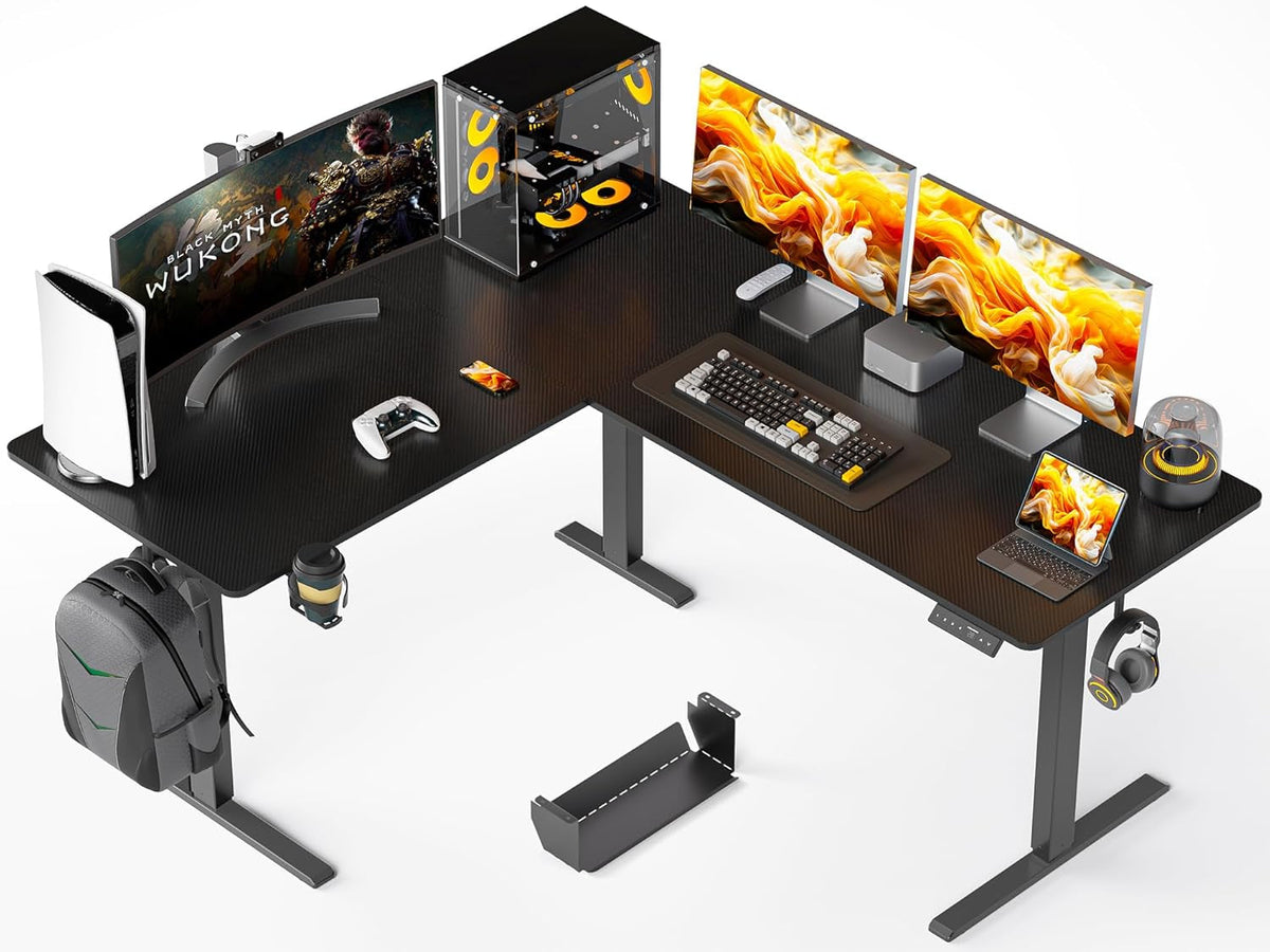 63X55 Inches Reversible L Shaped Standing Desk, Height Adjustable with Cup Holder, Electric Corner Computer Workstation, Sit Stand up Home Office, Ergonomic Gaming, Black