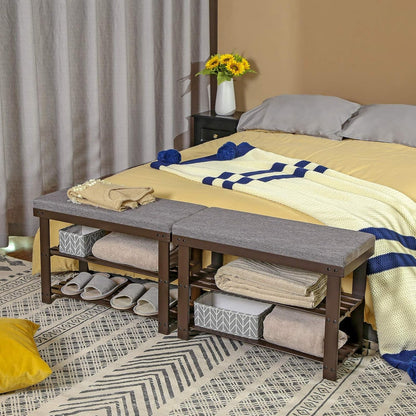 Bamboo Shoe Bench with 3-Tier Rack, Rustic Walnut and Slate Gray