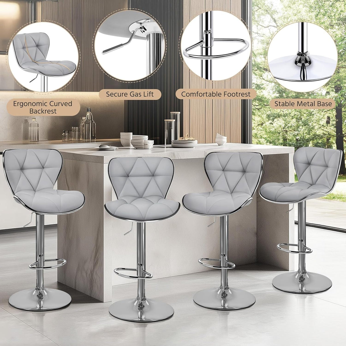 Bar Stools Set of 2, PU Leather Swivel Adjustable Barstools with Shell Back, Bar Chairs with Foma Padded for Home, Kitchen, Light Grey