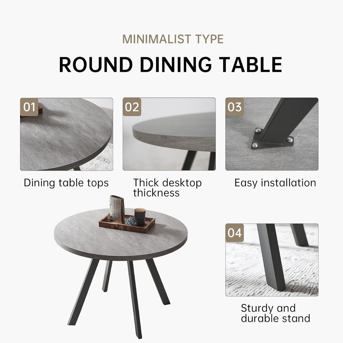 34.6'' round Dining Table and Chairs for 4, Mid Century Modern round Table Set, Space Saving for Apartment Kitchen Dining Room (Grey Table+4 Black Chairs)