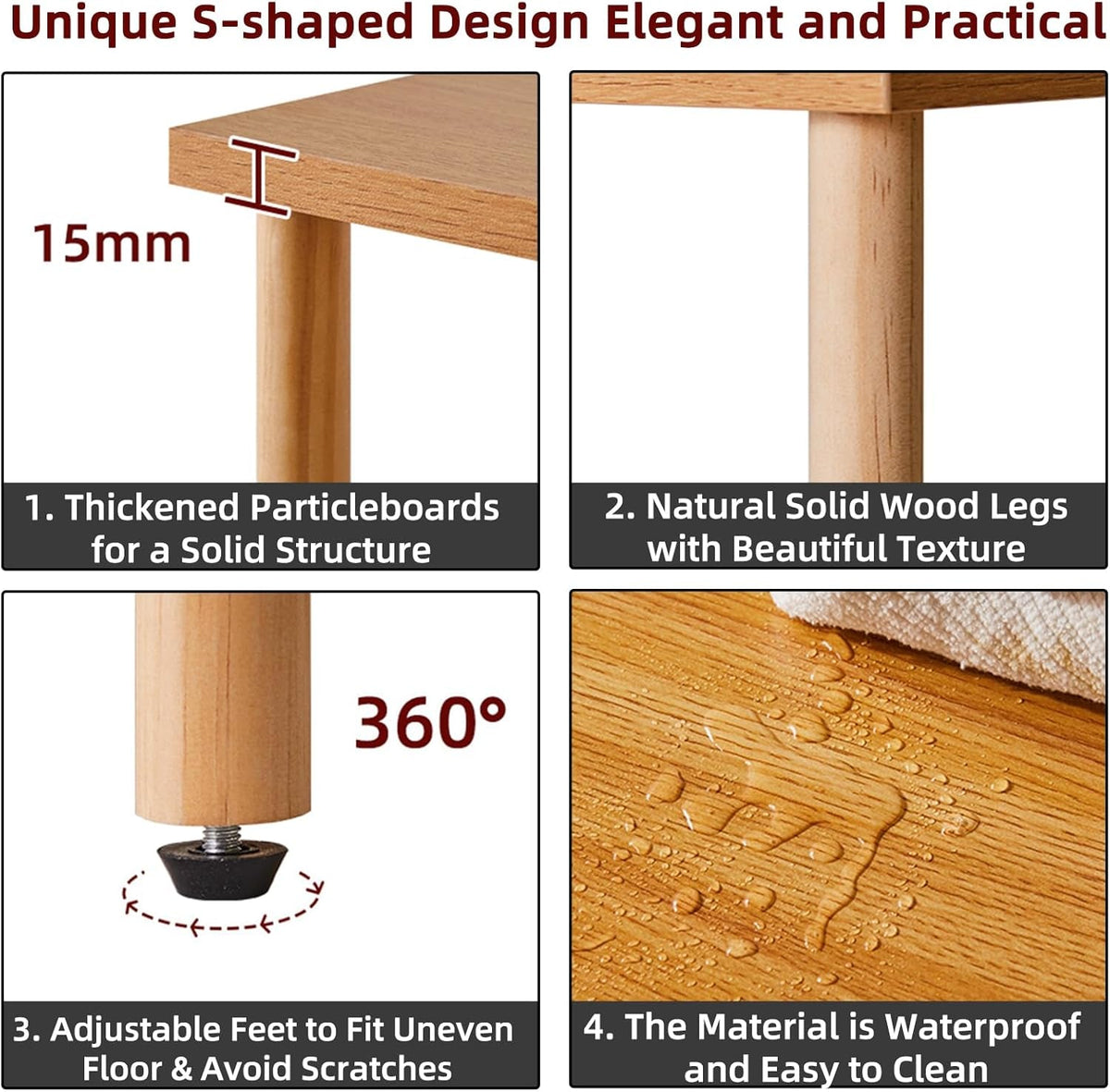Wooden Night Stand with Open Shelf, Nightstand with Solid Wood Legs, S-Shaped Bed Side Table 3 Tier, End Table Natural Wood YD-TM152N