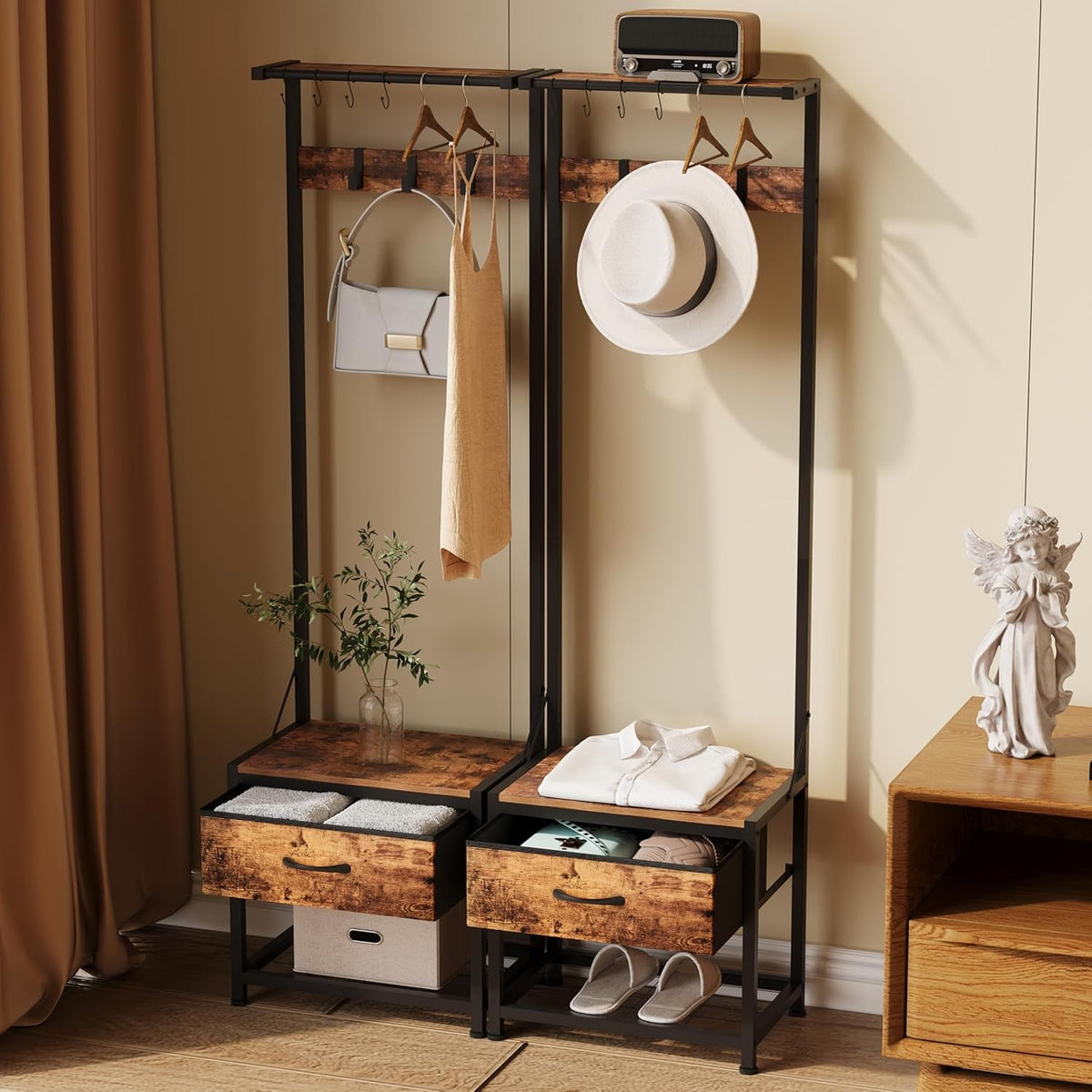 Hall Tree with Shoes Bench, Small Coat Rack with Fabirc Drawer and Shelf for Bedroom, 4-In-1 Entryway Organizer with Shoes Stool for Living Room, Entryway, Closets (Rustic Brown)