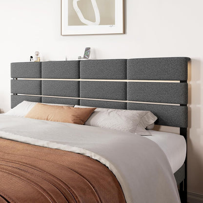 Full/Queen Size Upholstered Headboard, Adjustable Head Boards with LED Light & Charging Station, Bed Headboard Only, Attach Frame, Study & Comfortable, Ideal for Bedroom, Dorm, Guest Room, Dark Grey