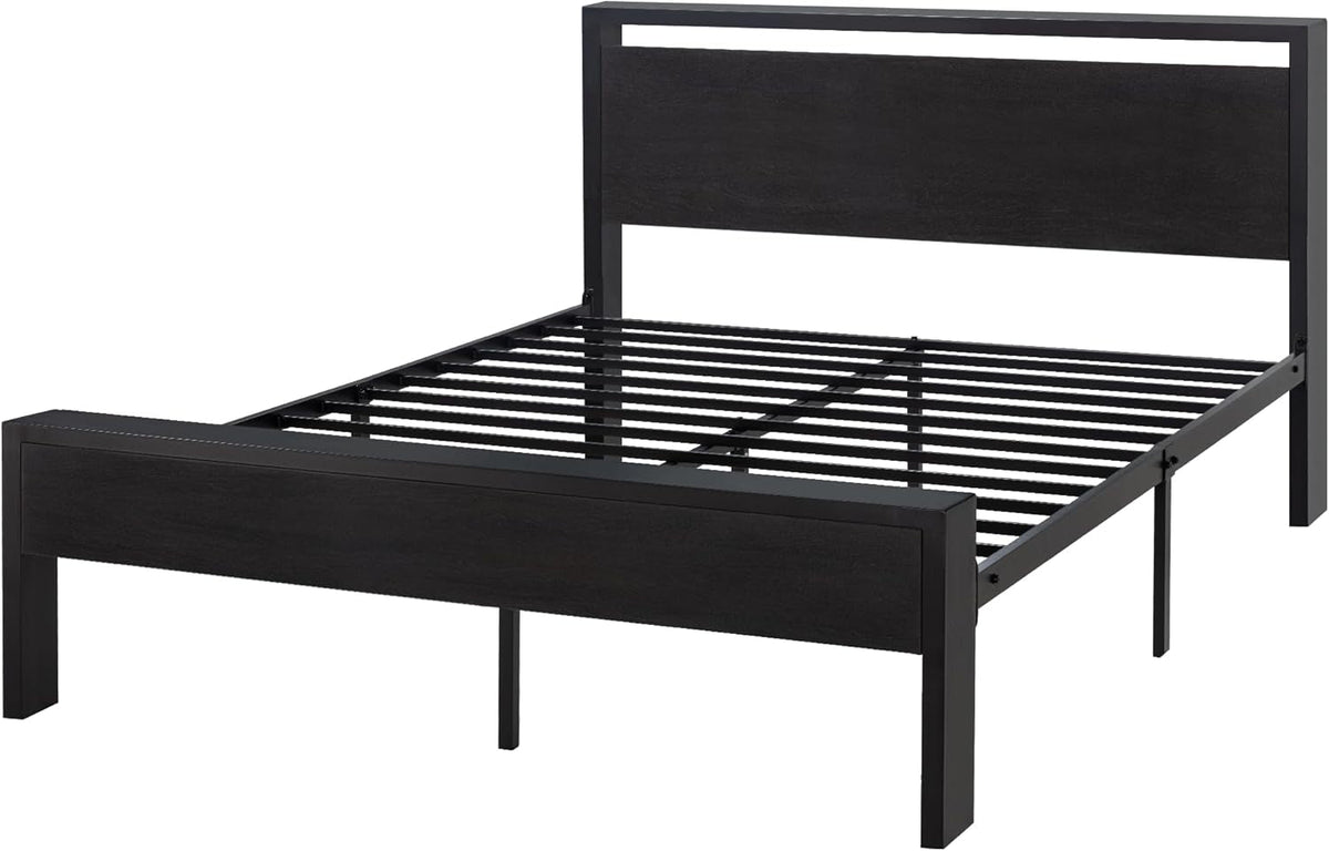 14 Inch Queen Size Metal Platform Bed Frame with Wooden Headboard and Footboard, Mattress Foundation, No Box Spring Needed, Large under Bed Storage, Non-Slip without Noise, Black Oak