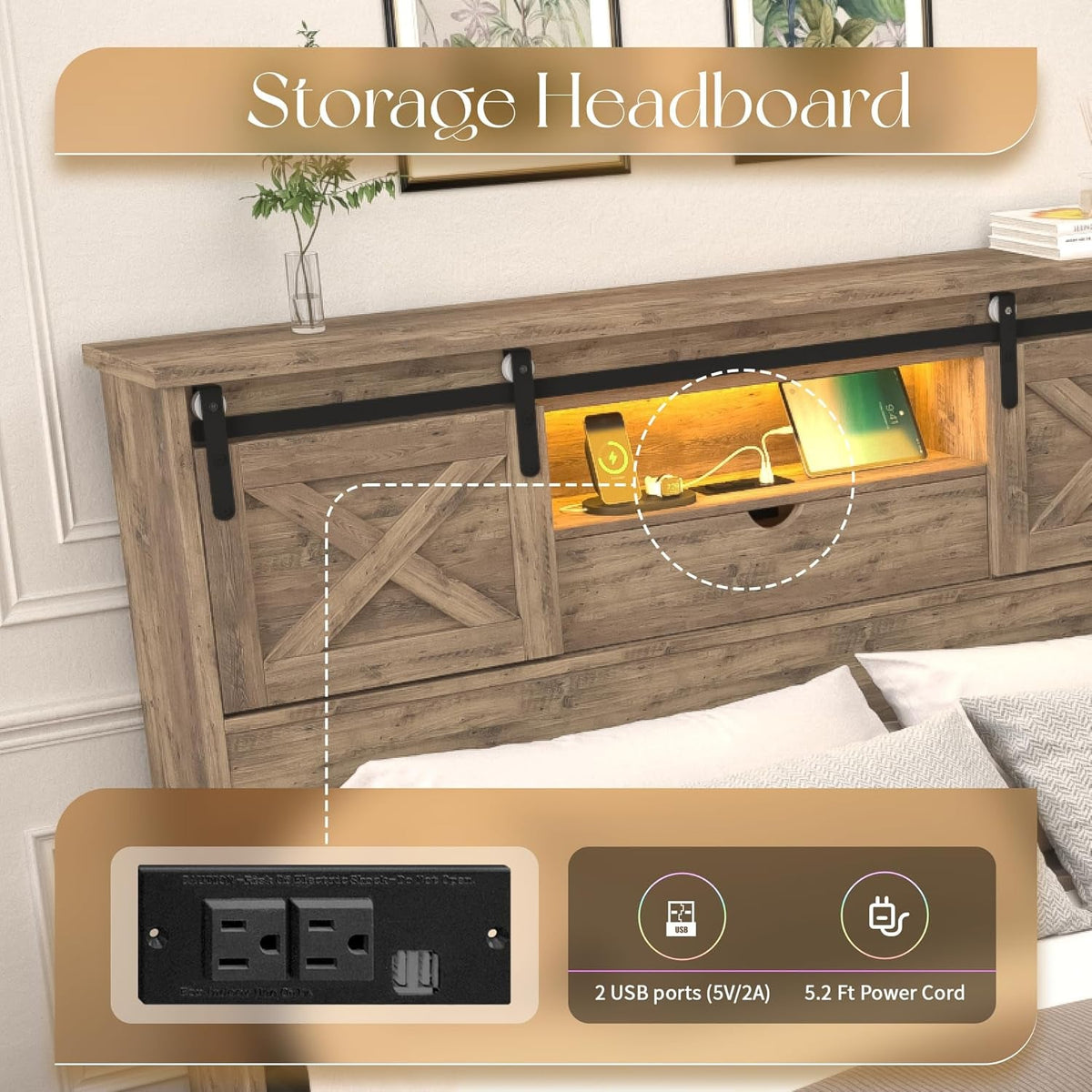 Farmhouse Queen Size Bed Frame with Storage Bookcase Headboard, Wooden Bed with LED Lights, Charging Station, 2 Drawers, Rustic Bed Frame with Sliding Barn Door for Bedroom (Grey Oak, Queen)