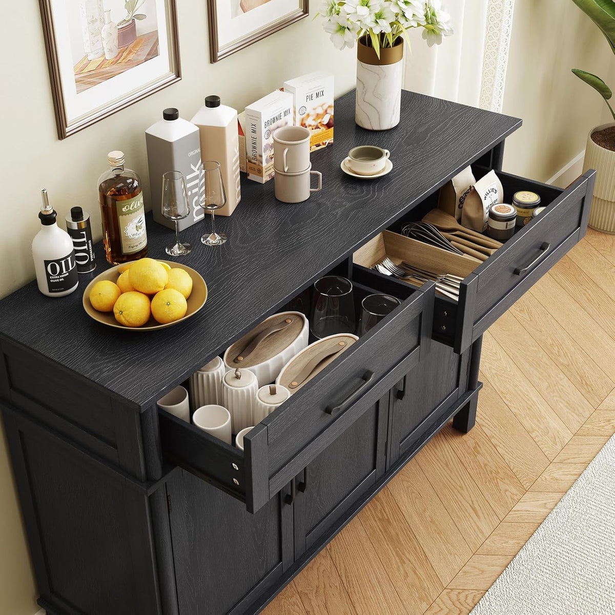48 Inches Buffet Cabinet with Storage, Farmhouse Sideboard Buffet W/2 Drawers and 3 Doors, Wood Coffee Bar Cabinet with Adjustable Shelves, Sideboard Storage for Kitchen, Living Room, Black