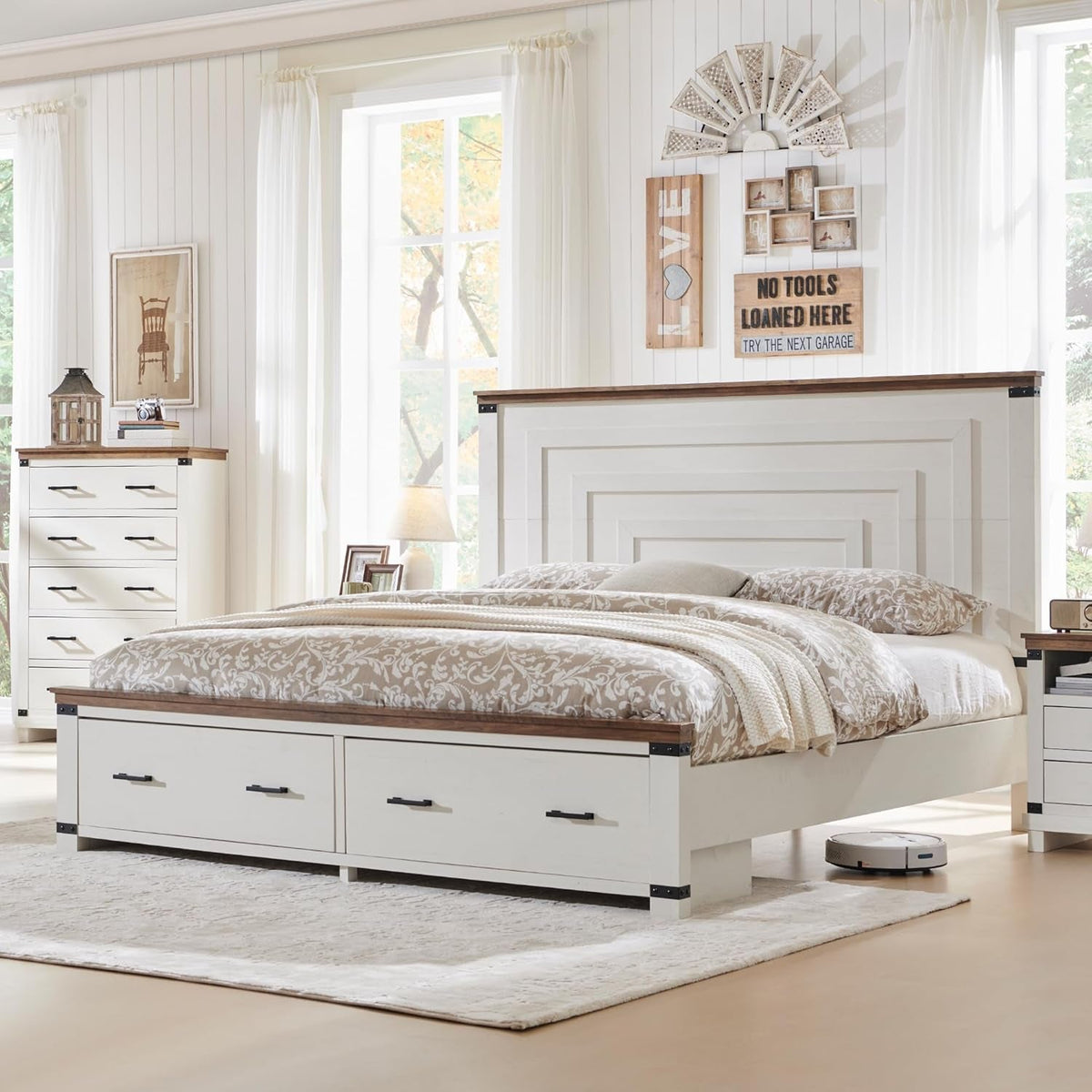 Farmhouse Queen Size Bed Frame W/ 54" Tall Geometric Headboard, Rustic Wood Platform Bed W/ 2 Large Storage Drawers, Wood Slats Support, Noise Free, No Box Spring Needed, Antique White