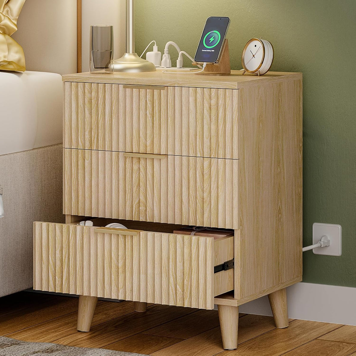 Wood 3 Drawers Dresser Fluted Night Stand with Charging Station, Storage Nightstand Modern Side Table, Bedside Table for Bedroom, Entryway Natural