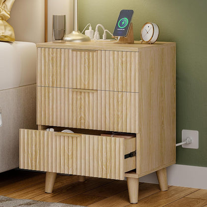 Wood 3 Drawers Dresser Fluted Night Stand with Charging Station, Storage Nightstand Modern Side Table, Bedside Table for Bedroom, Entryway Natural