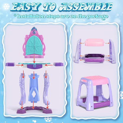 Kids Vanity Table and Chair Set, Girls Makeup Table with Mirror Stool Lights Music, Toddler Pretend Play Vanity Set for Princess Dress Up, Girl Toys Gifts for Age 3 4 5 Years Old
