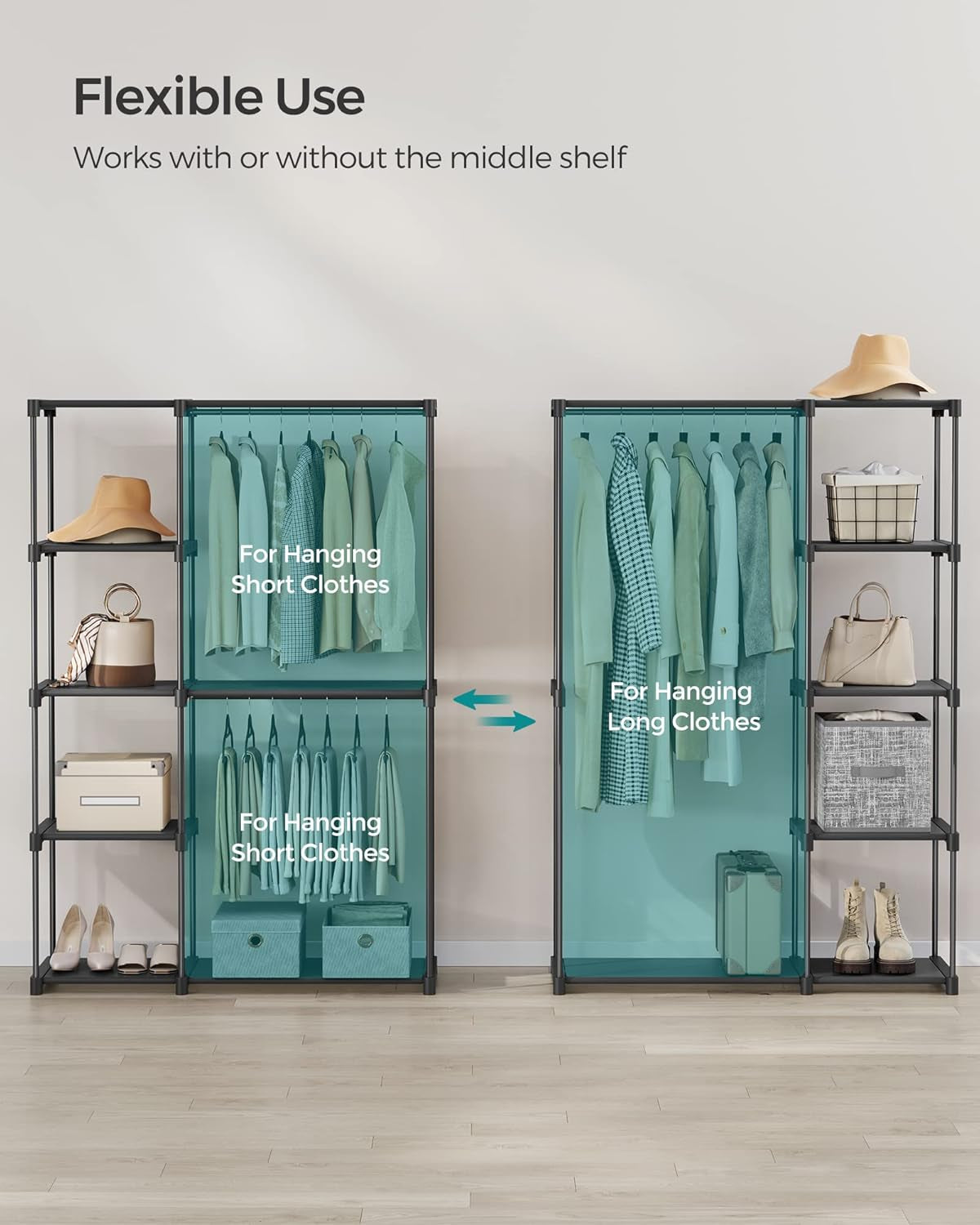 Portable Closet, Freestanding Closet Organizer, Clothes Rack with Shelves, Hanging Rods, Storage Organizer, for Cloakroom, Bedroom, 48.8 X 16.9 X 71.7 Inches, Black URYG026B02