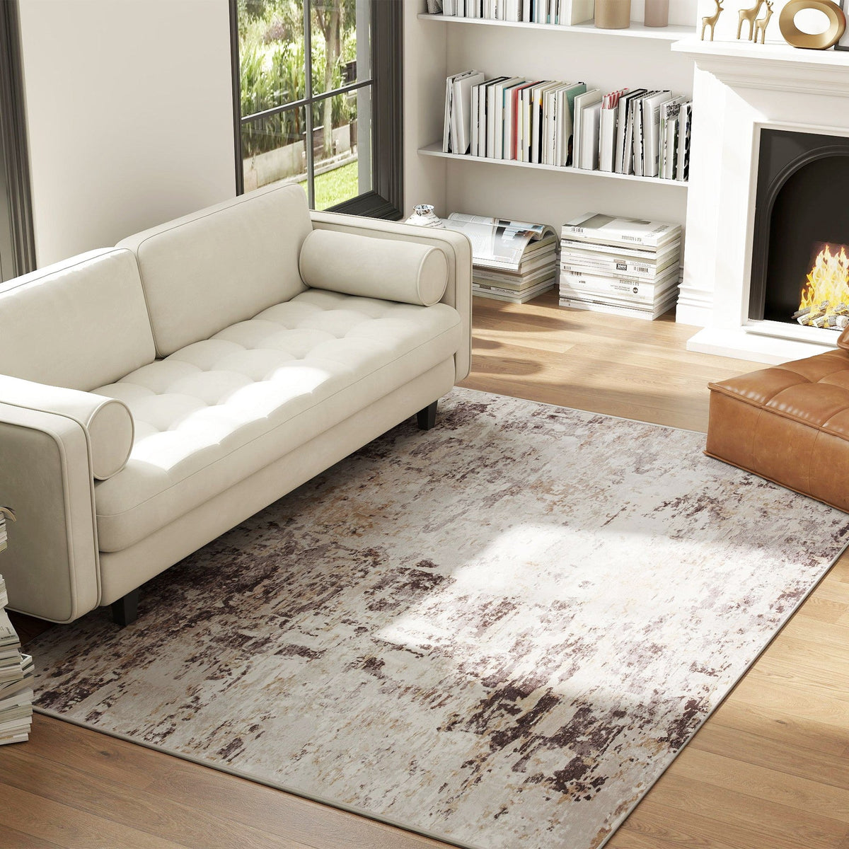 Machine Washable Area Rug 4x6, Non-Slip Modern Abstract Floor Carpet for Living Room, Bedroom, Dining Room, Mixed-Brown