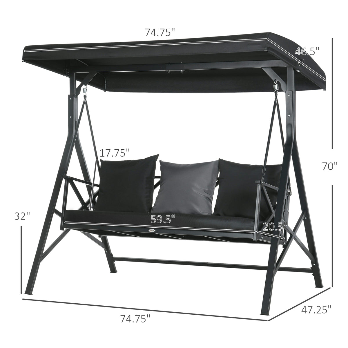 3-Seat Patio Swing Chair, Porch Swing Glider with Cushion, 3 Throw Pillows & Adjustable Canopy, Black