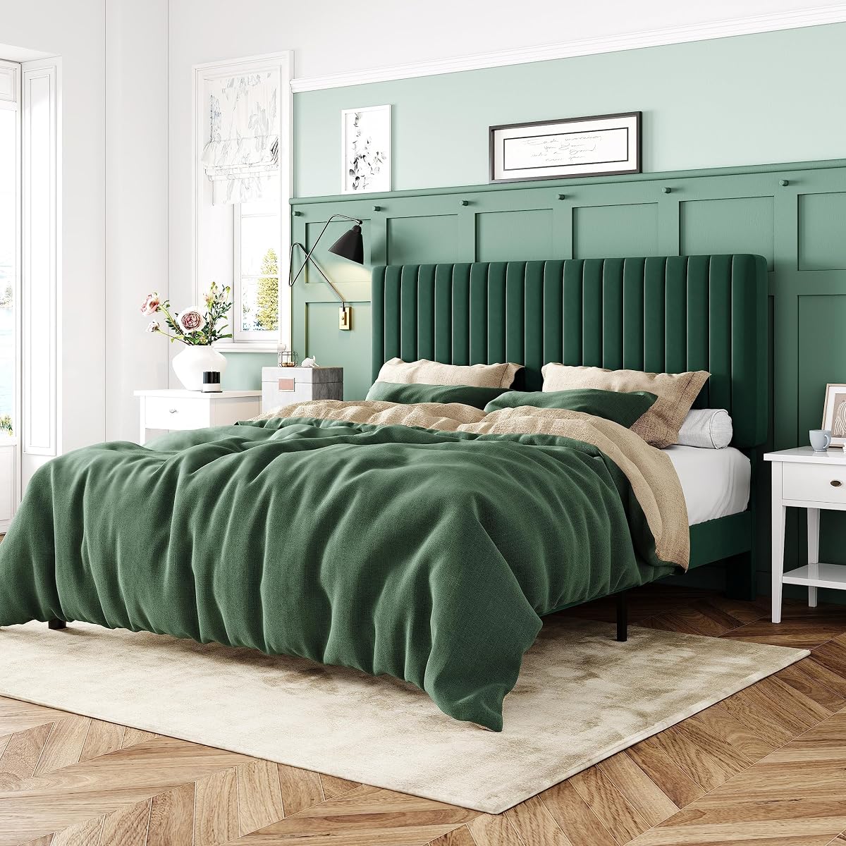 Queen Bed Frame, Velvet Upholstered Platform Bed with Adjustable Vertical Channel Tufted Headboard, Mattress Foundation with Strong Wooden Slats, Box Spring Optional, Easy Assembly, Green