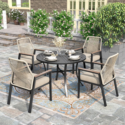 5 Pieces Patio Dining Set, 4 x Woven Rattan Dining Chairs with Cushions, 42" Metal Round Dining Table, Patio Table and Chairs Set for Lawn Garden Backyard Deck