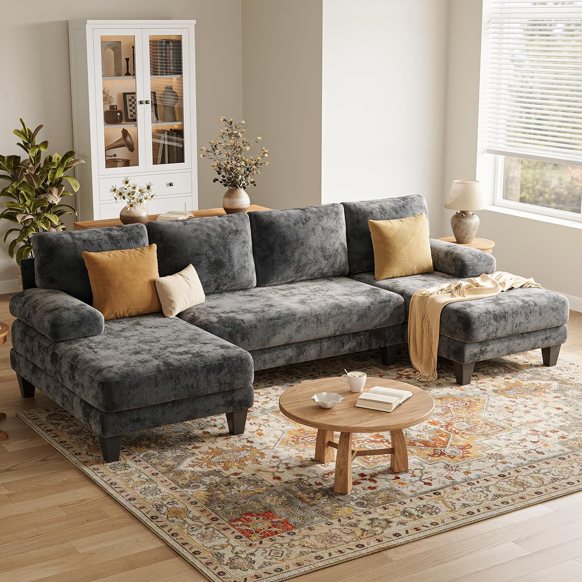U-Shaped Sectional Couches for Living Room | 112 Inch Modern Sectional Couch | Dark Grey Chenille Sofa with Double Chaise for Apartment